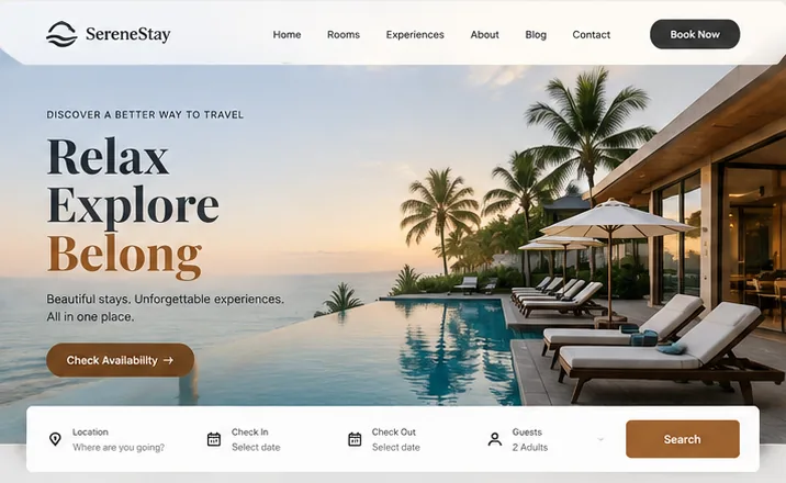 Luxury hotel and travel website design concept with a booking search bar